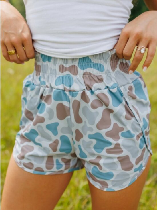 Unbranded Pants - Multicolour Camouflage Print Shirred High Waist Athleisure Shorts